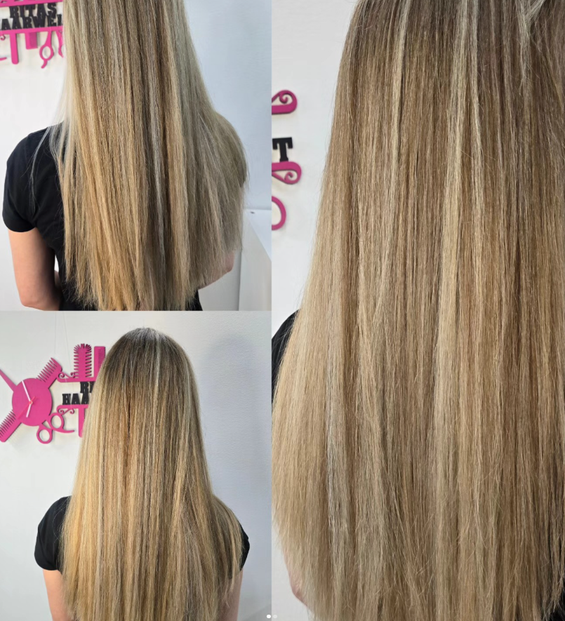 Balayage Vorher/Nachher – aufgehellte, glänzende Längen